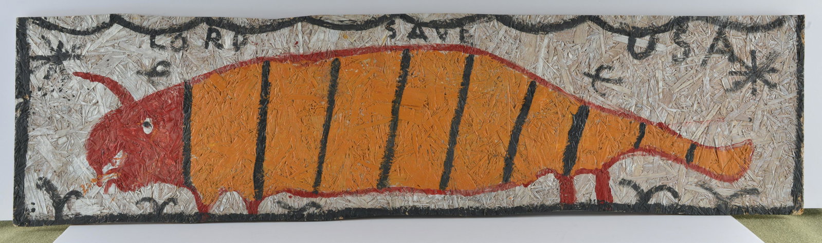 RA Miller Folk Art Drawing: Paint on OSB board. Not signed 48" x 12"