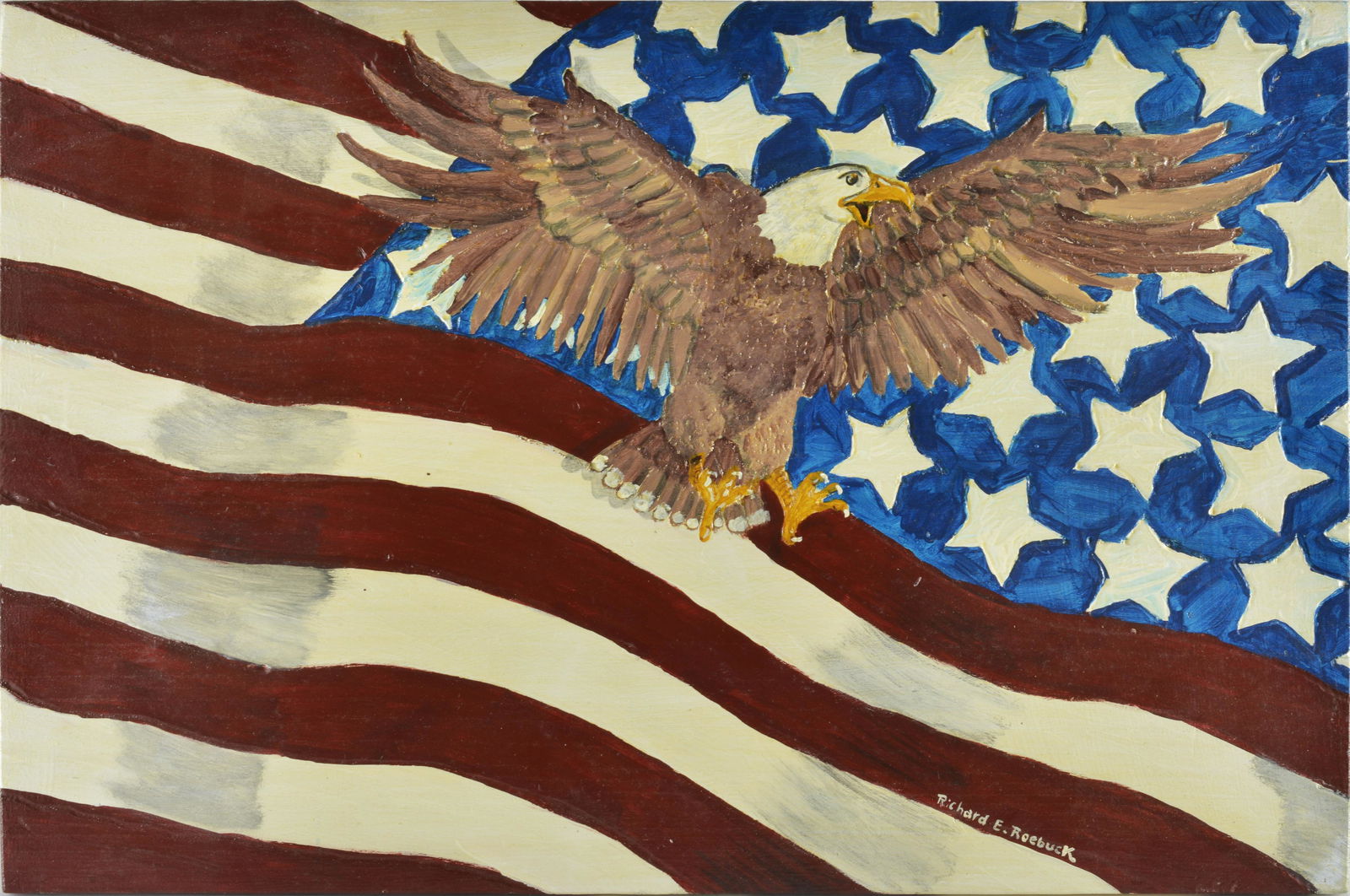 Richard Roebuck Painting: African American, paint on wood board, framed by the artist. Signed. Wood burning on back. 27" x 18"