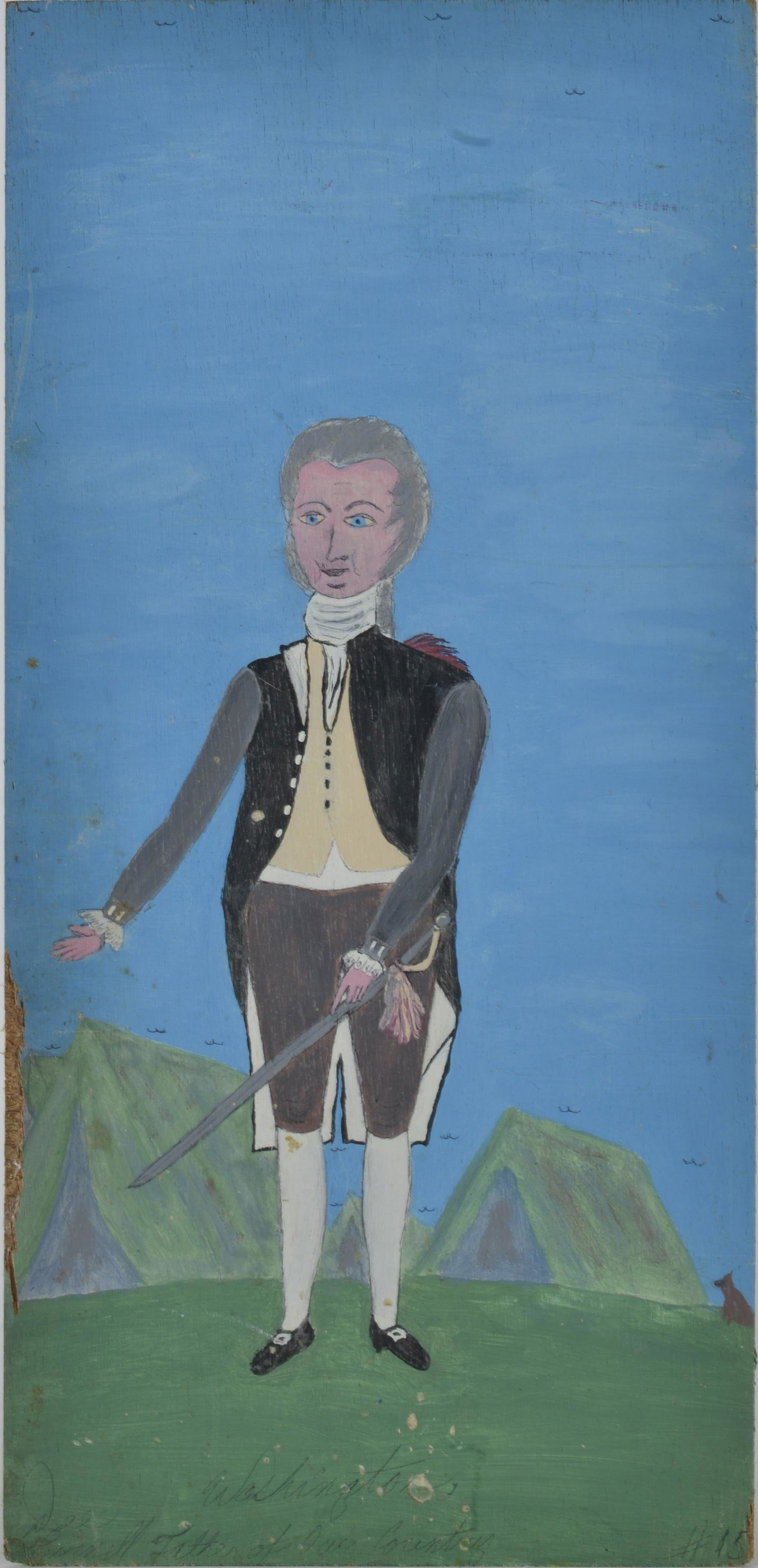 Dee Purnell Folk Art Painting: George Washington, pain on wood panel board. Signed on bottom and back. Dee Purnell born 1953. 16"