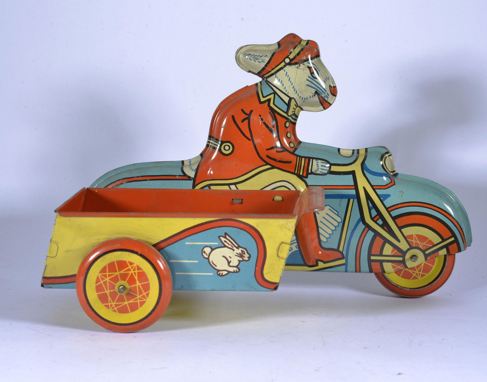 WYANDOTTE TIN LITHO EASTER BUNNY DELIVERY RABBIT ON MOTORCYCLE WITH SIDECAR (1 of 5)