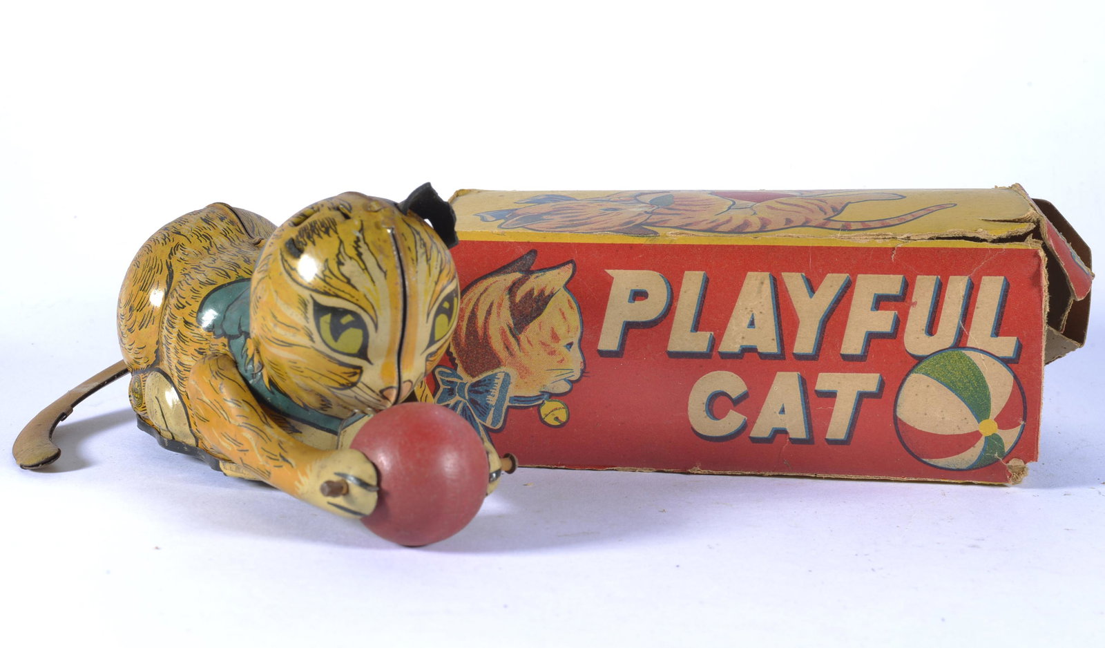 1940'S TIN LITHO LOUIS MARX  CAT W/WOODEN BALL IN ORIGINAL BOX (1 of 4)