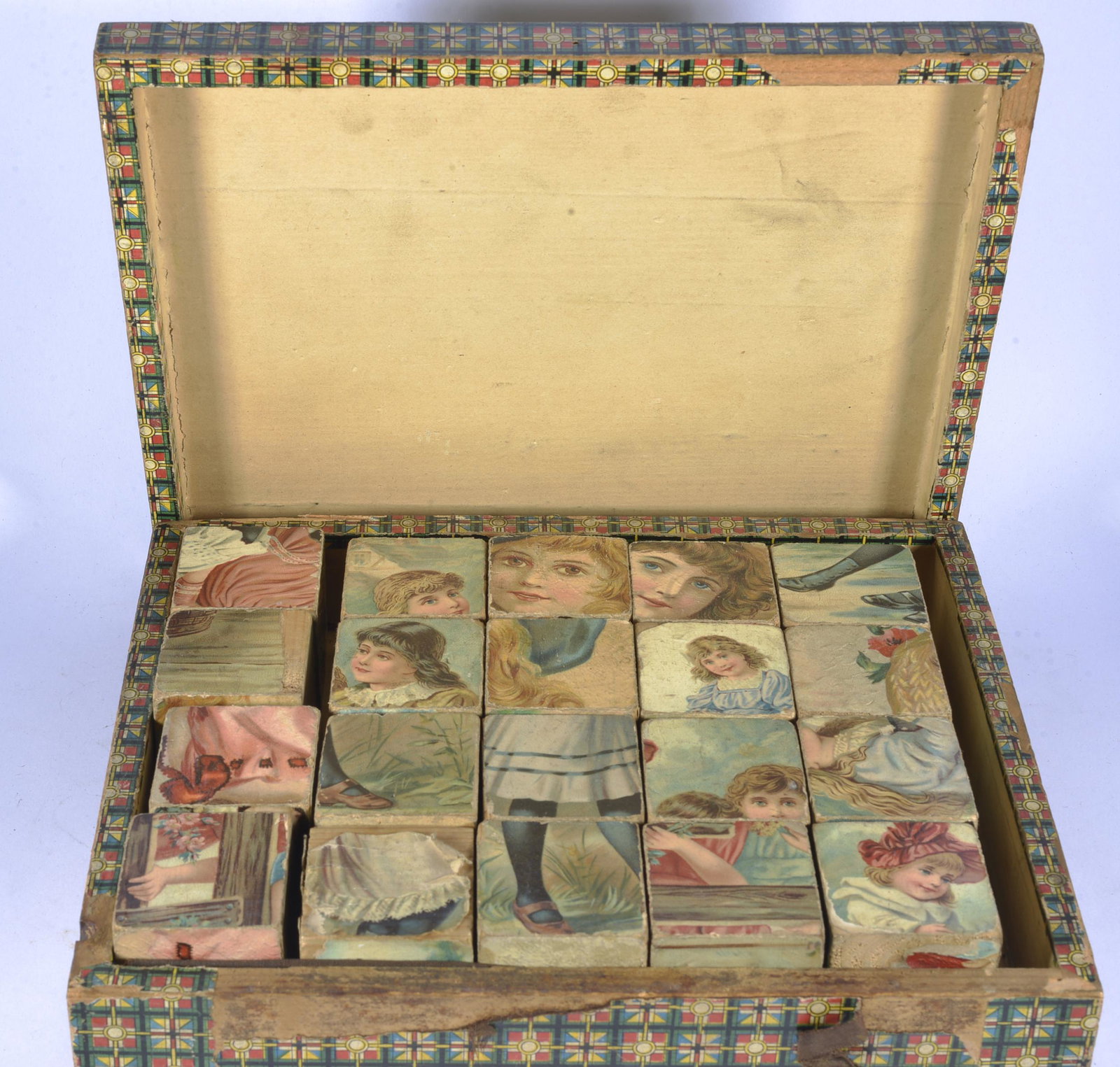 19TH CENTURY WOODEN BLOCKS DEPICTING GIRLS, FLOWERS AND FENCE: ALL ORIGINAL 2 1/2" X 8" X 10" L