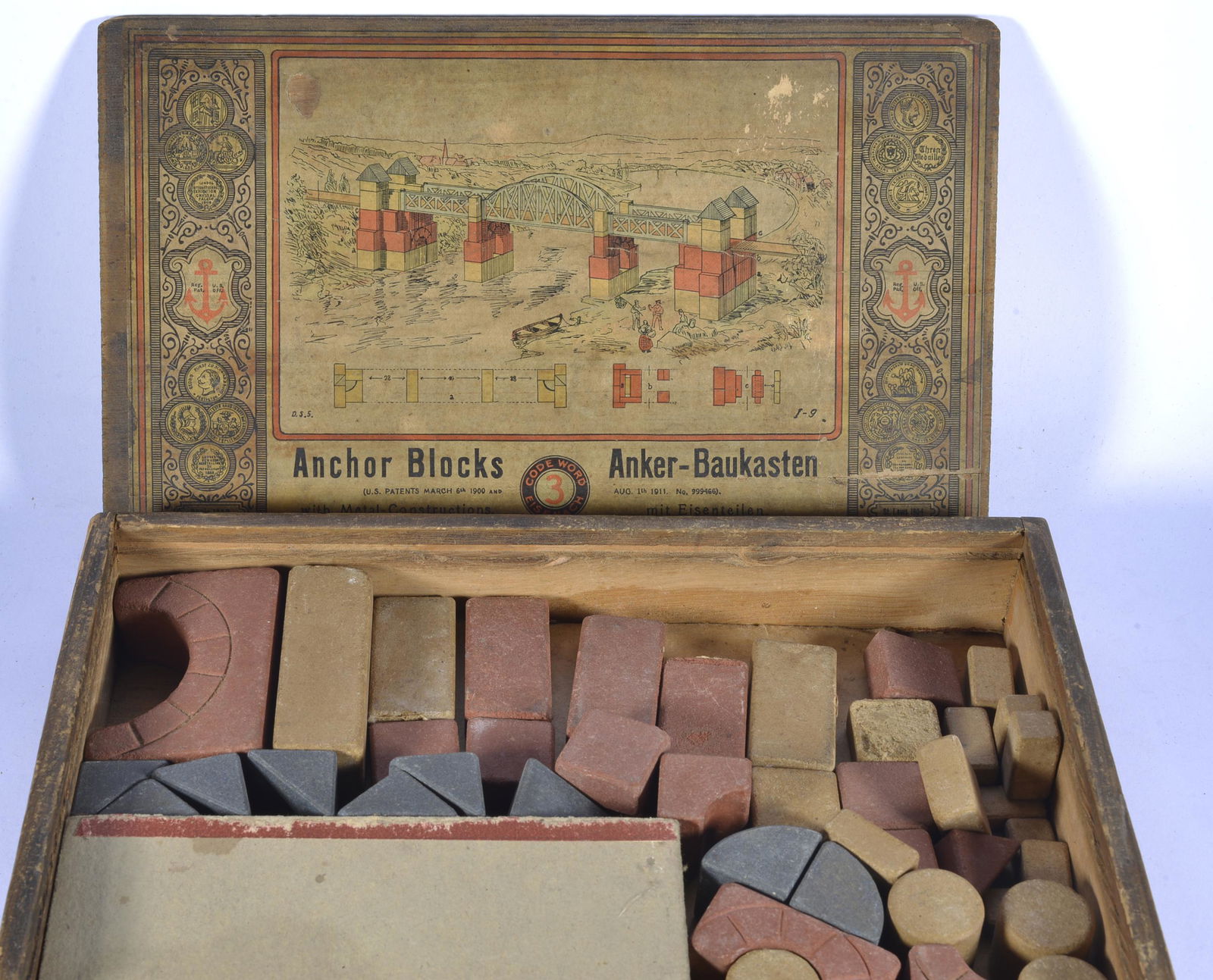 ANCHOR BLOCKS ANKER-BAUKASTEN CONTRUCTION BLOCKS: DOVETAIL BOX ALL ORIGINAL WITH GRAPHICS 2" X 7" X!0'