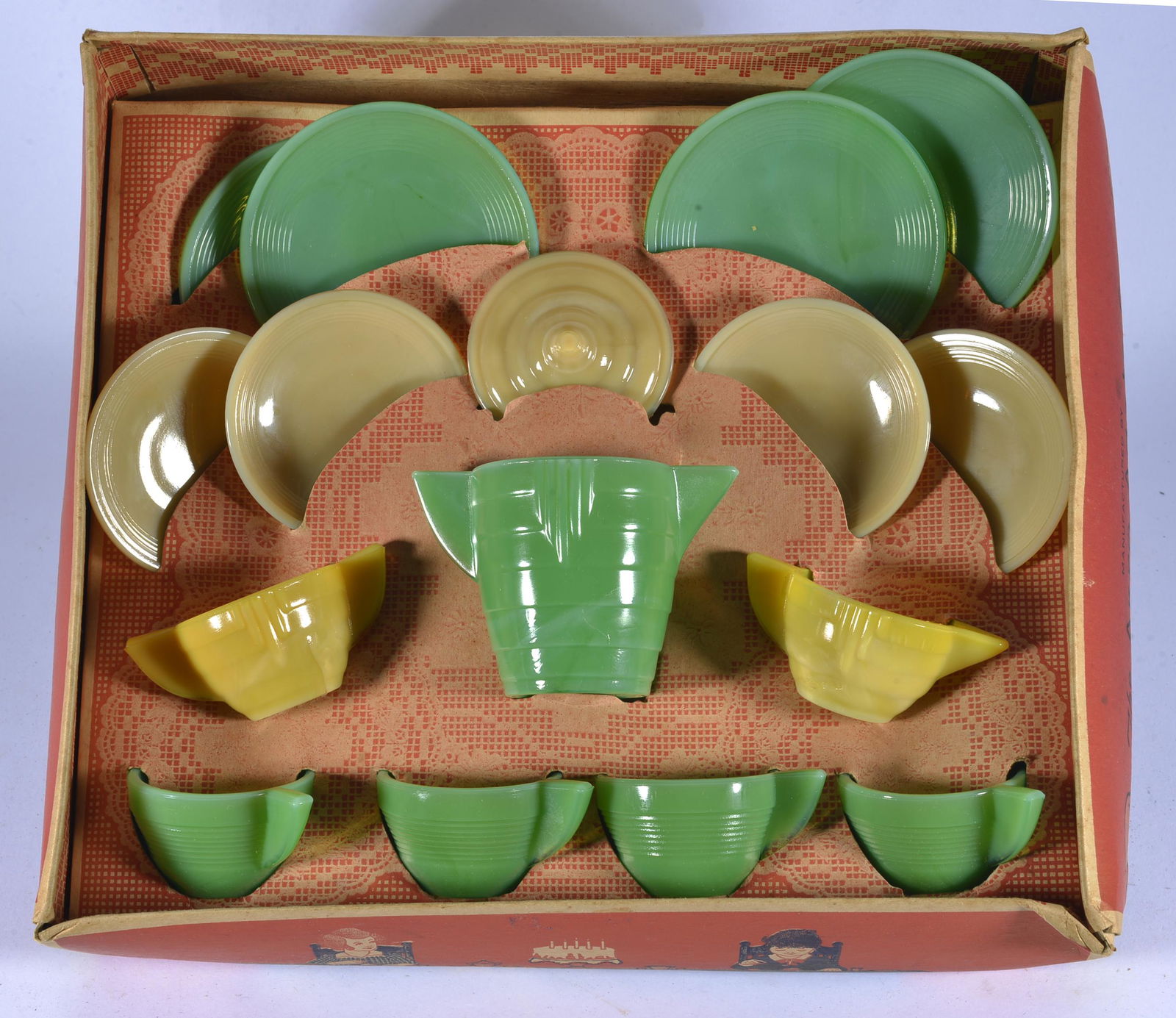 PLAY-TIME GLASS DISHES AKRO AGATE-JADEITE  TEA SET  IN ORIGINAL BOX (1 of 3)