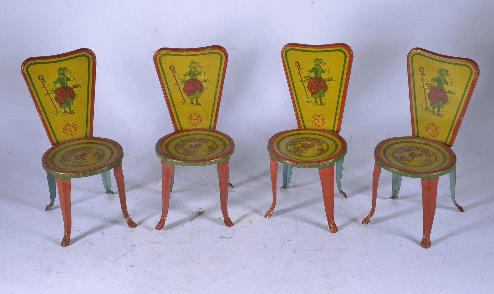J. CHEIN TIN LITHO DINING CHAIRS: RARE J. CHEIN CHILDS DINING ROOM SET 4 1/2"H