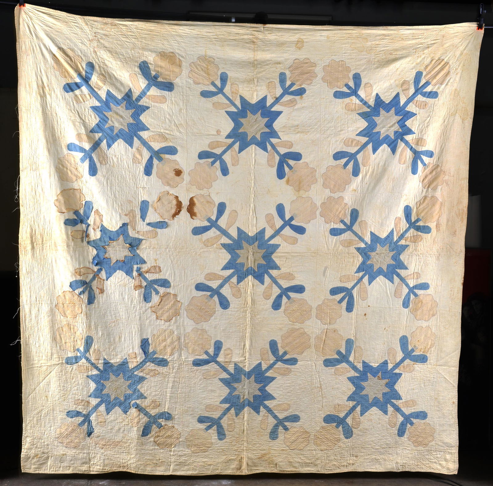 Applique Quilt: 1840's Oustanding Applique Pattern Quilt with Some Staining 80"WX 80"L