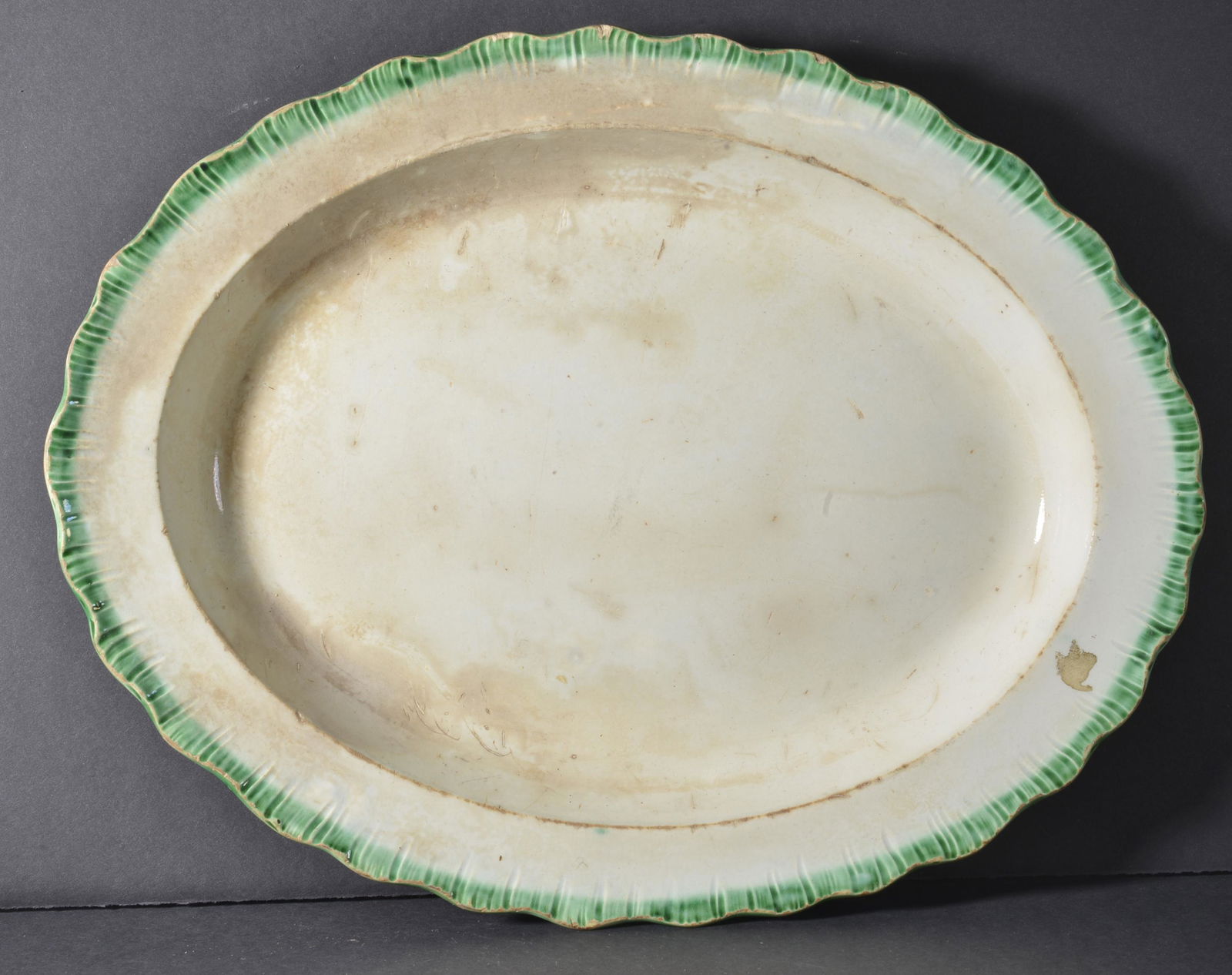 Ironstone Flow Green Edge Platter: Ironstone Flow Green Feather Edge Oval Platter by Hercukaneum 8 1/2 "H 11"L