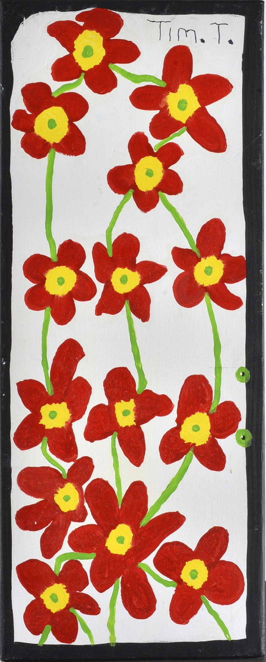 Tim T Folk Art Painting: paint on wood board. Sitned upper right. 12" x 32"