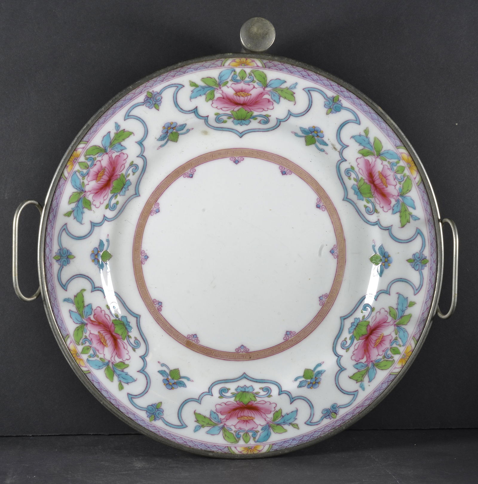 VICTORIAN PORECLAIN FOOD WARMER PLATED: VICTORIAN PORCELAIN PICK FLOWERS WARMING PLATE WITH METAL HANDLES 10 " DIA