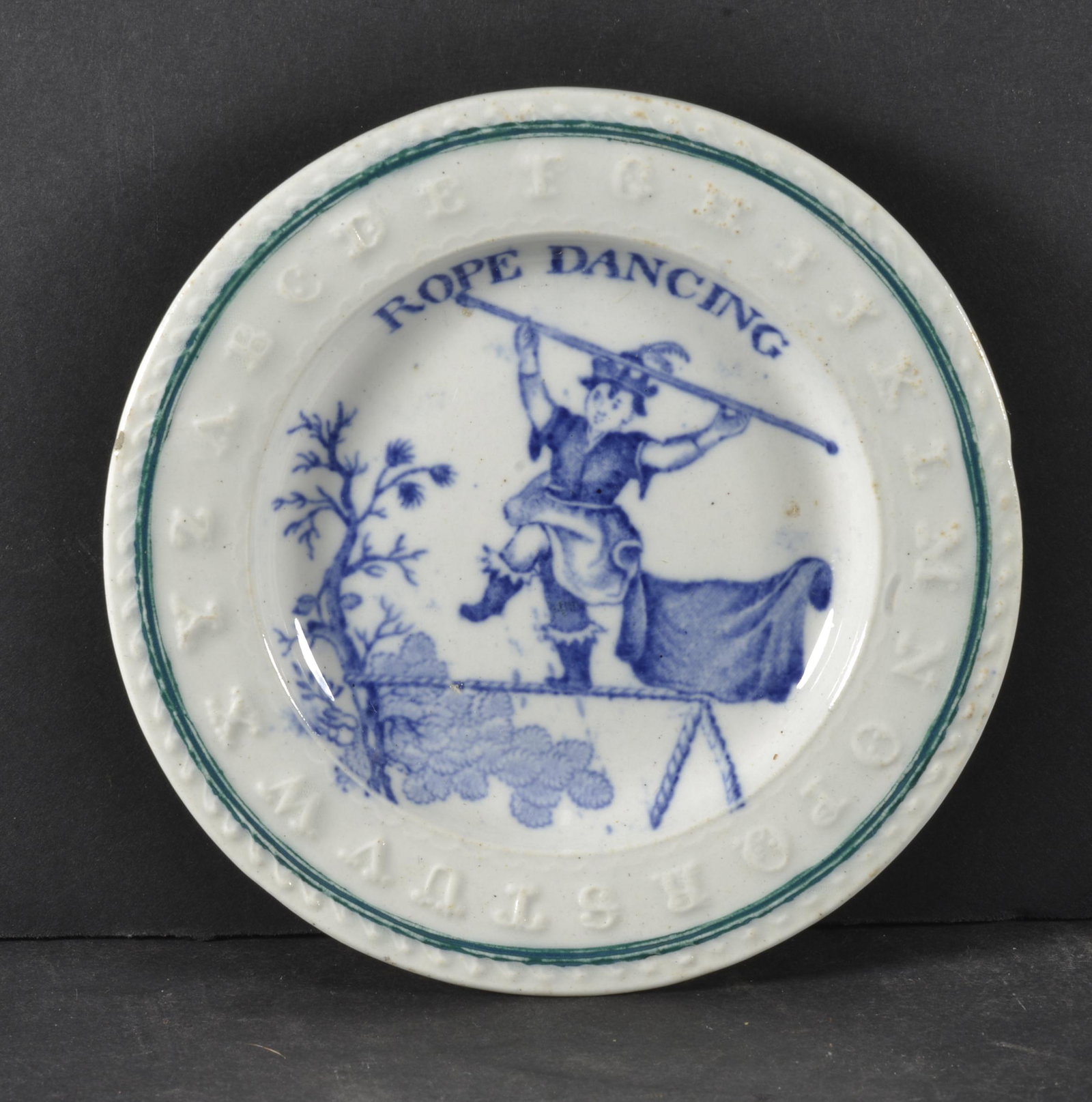 CHILD'S ABC IRONSTONE ROPE DANCING PLATE: 19TH CENTURY EARLY CHILD'S ABC IRONSTONE ROPE DANCING PLATE 5" DIA