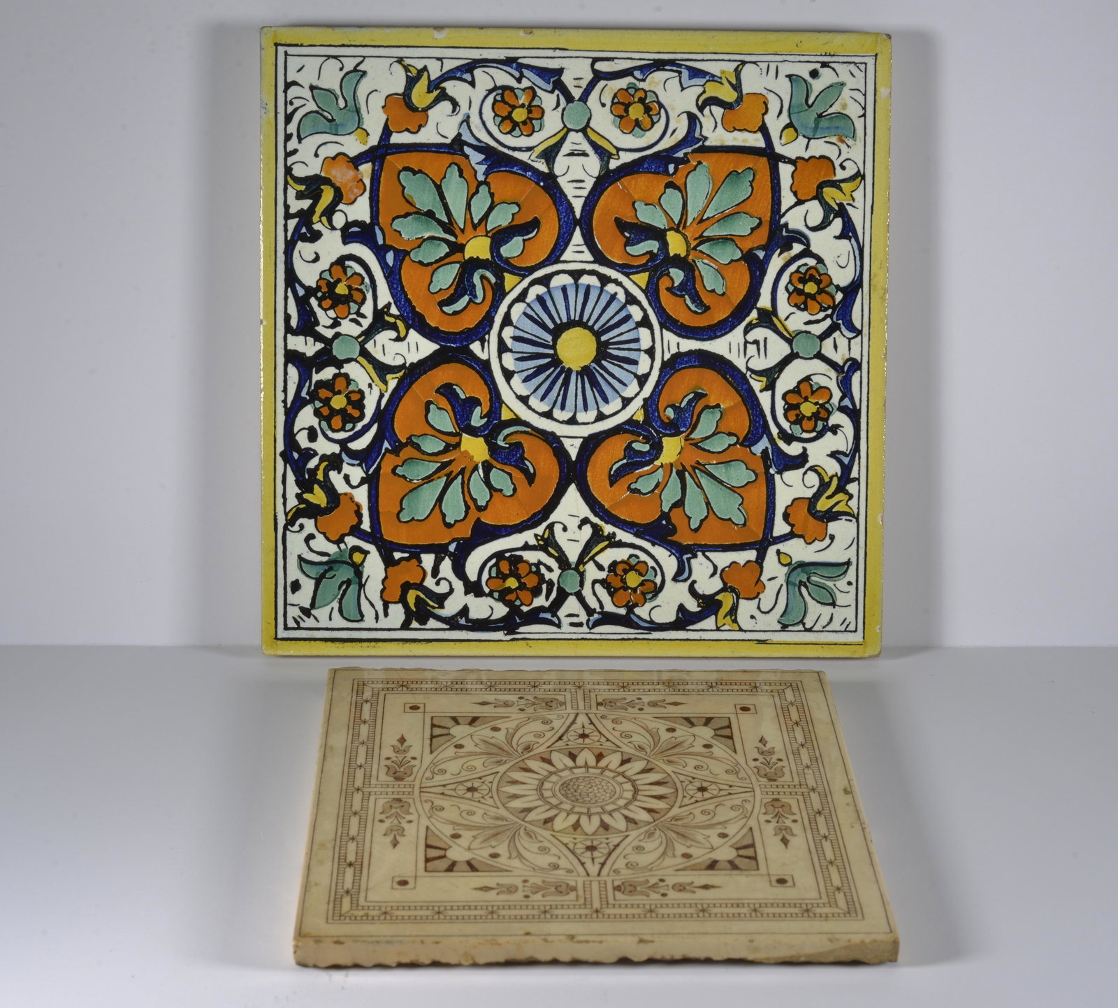 LOT OF (3) ANTIQUE TILES: LOT OF (2) ANTIQUE TILES MEXICAN DESIGN 8" X 8"