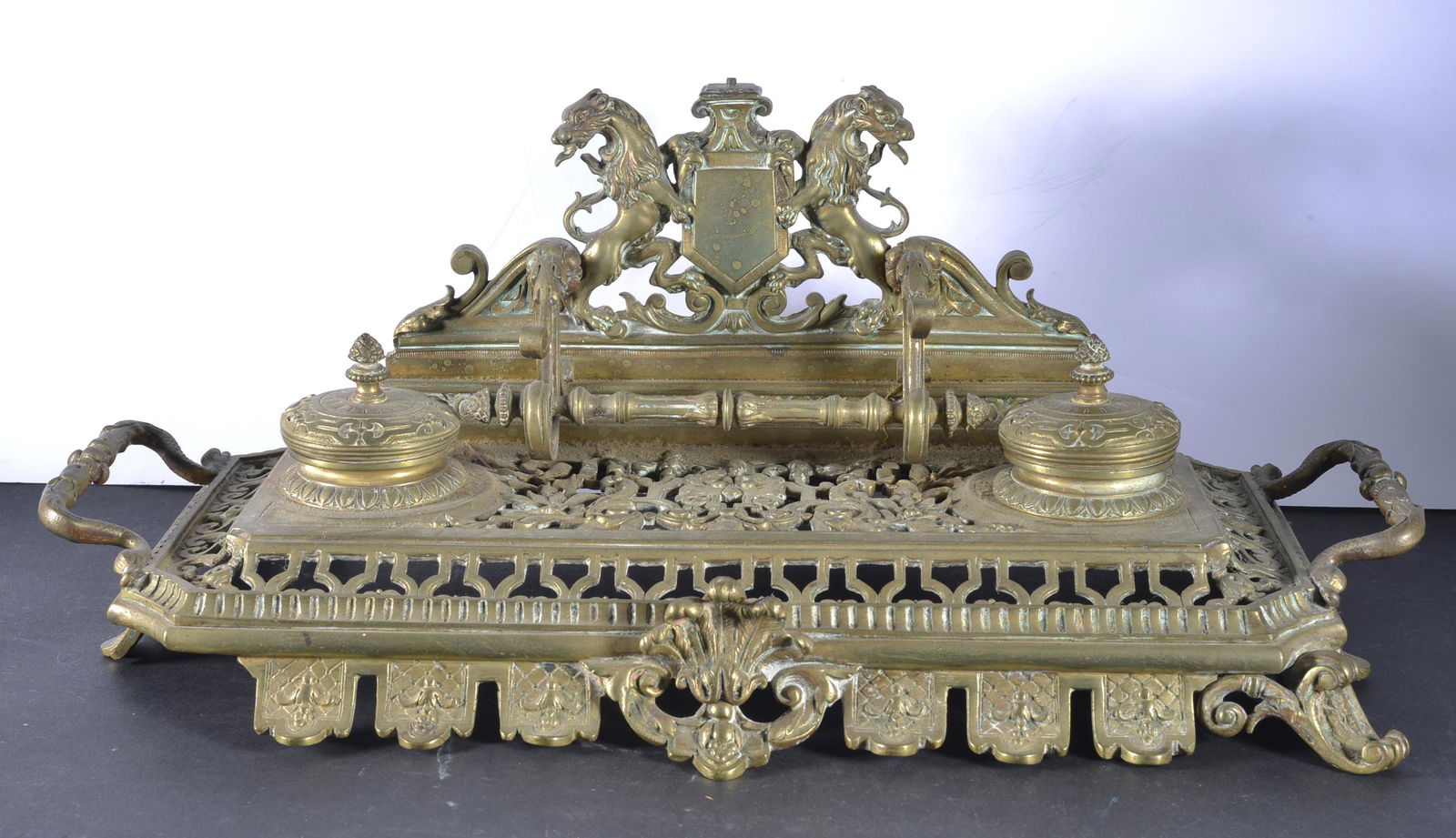 VICTORIAN BRASS/BRONZE ORNATE DOUBLE INKWELL (1 of 4)