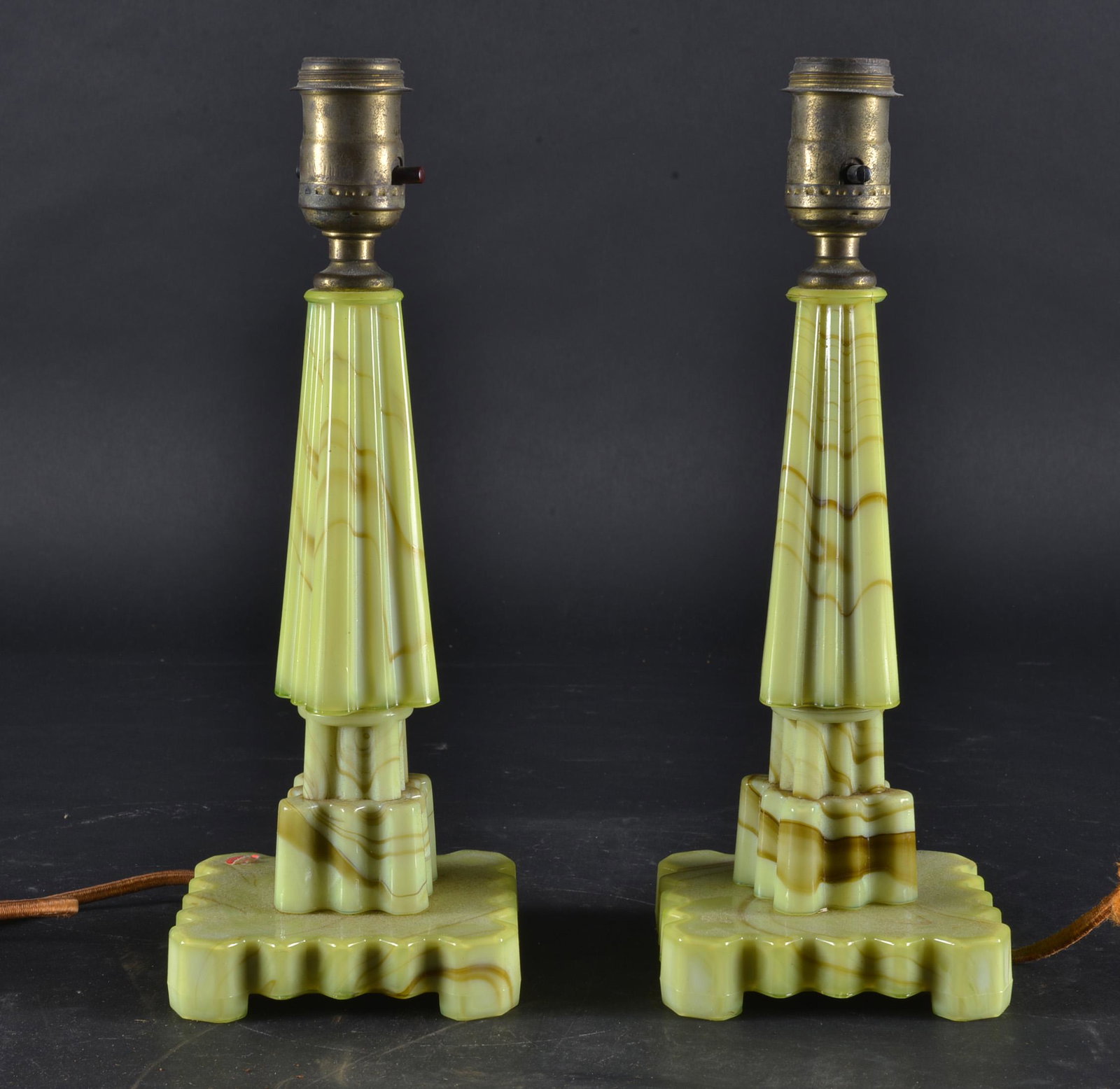 PAIR ART DECO URANUM ONXGLAS LAMPS: PAIR ART DECO URANUM ONXGLAS LAMPS 12"H