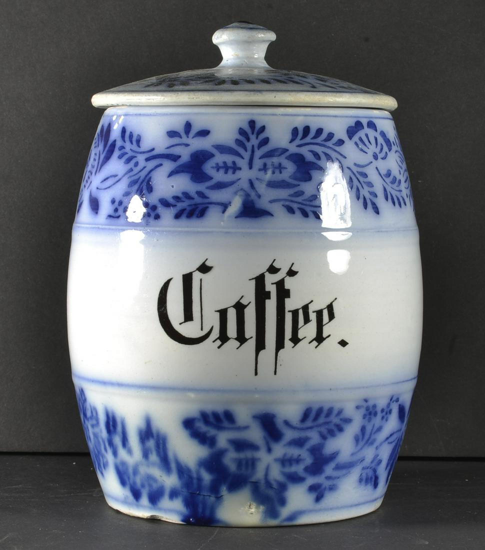 FLOW BLUE COFFEE ROUND CANNISTER: FLOW BLUE ROUND COFFEE CANNISTER 7" H