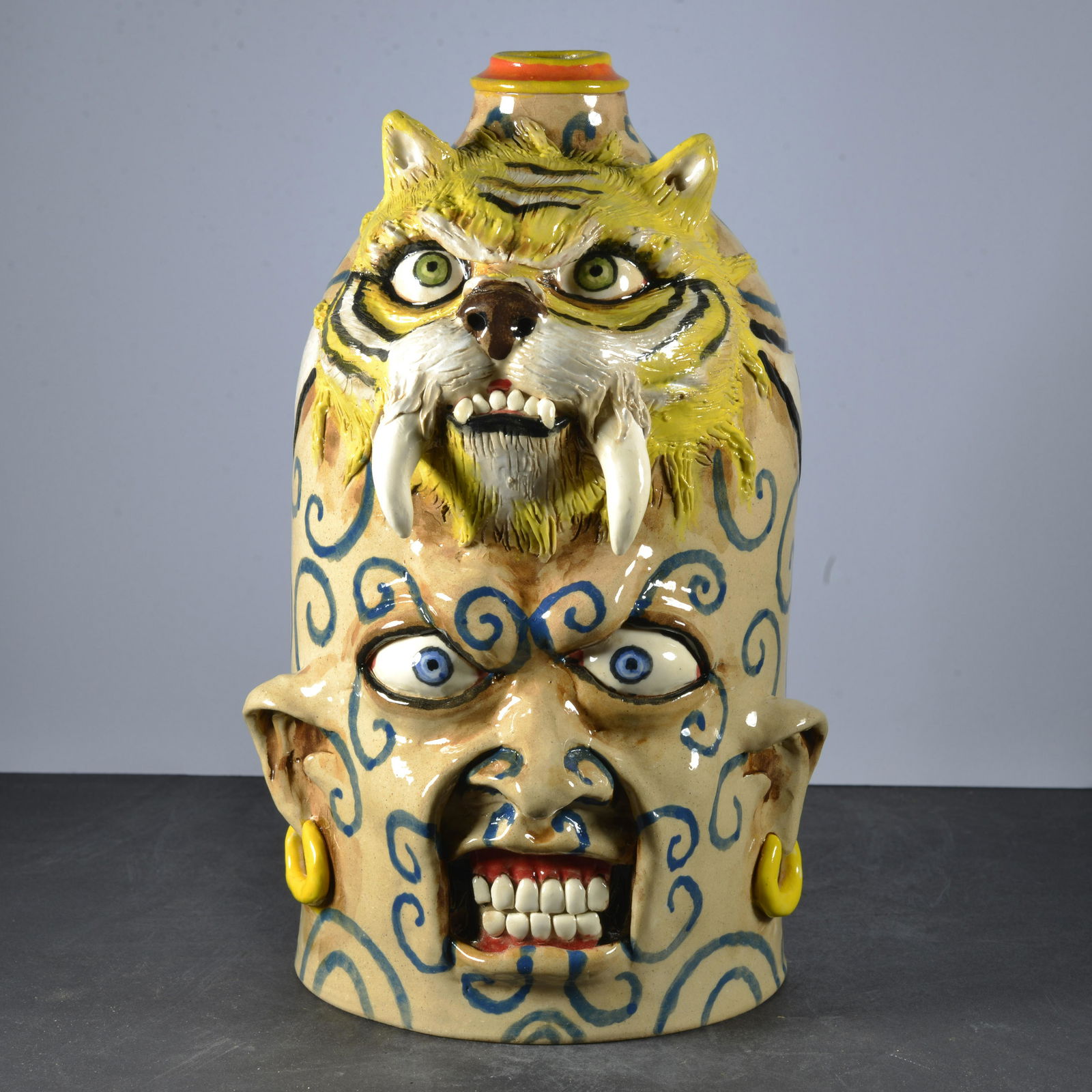 STACY LAMBERT FOLK ART CABERTOOTH TIGER POEM FACE JUG (1 of 5)