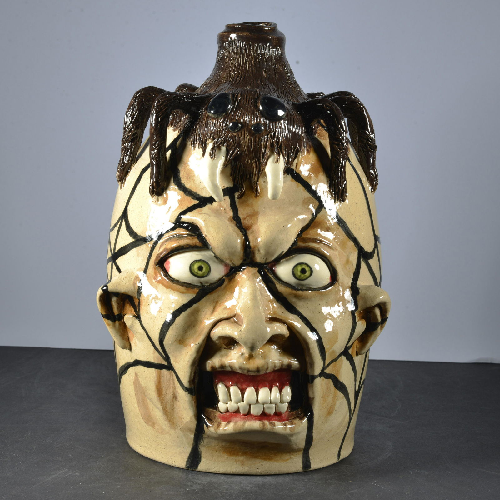 STACY LAMBERT FOLK ART TATANTULA HEAD FACE/POEM JUG (1 of 5)