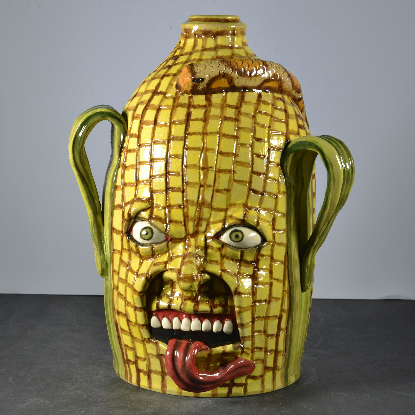 STACEY LAMBERT FOLK ART CORN FACE JUG (1 of 4)