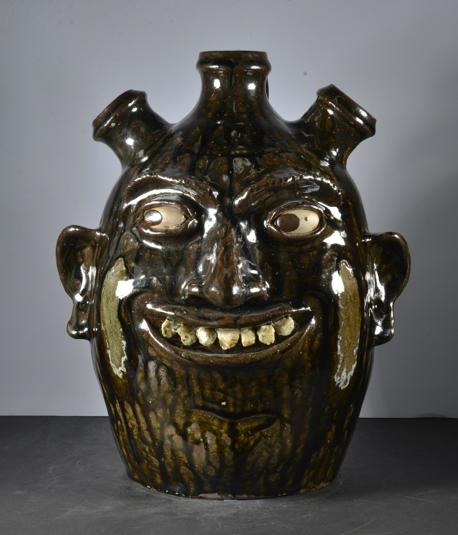 CLINT ALDERMAN FOLK ART POTTERY ROCK TOOTH FACE JUG: CLINT ALDERMAN FOLK ART POTTERY ROCK TOOTH FACE JUG SIGNE AND DATED ON BACK 2023 12" TALL