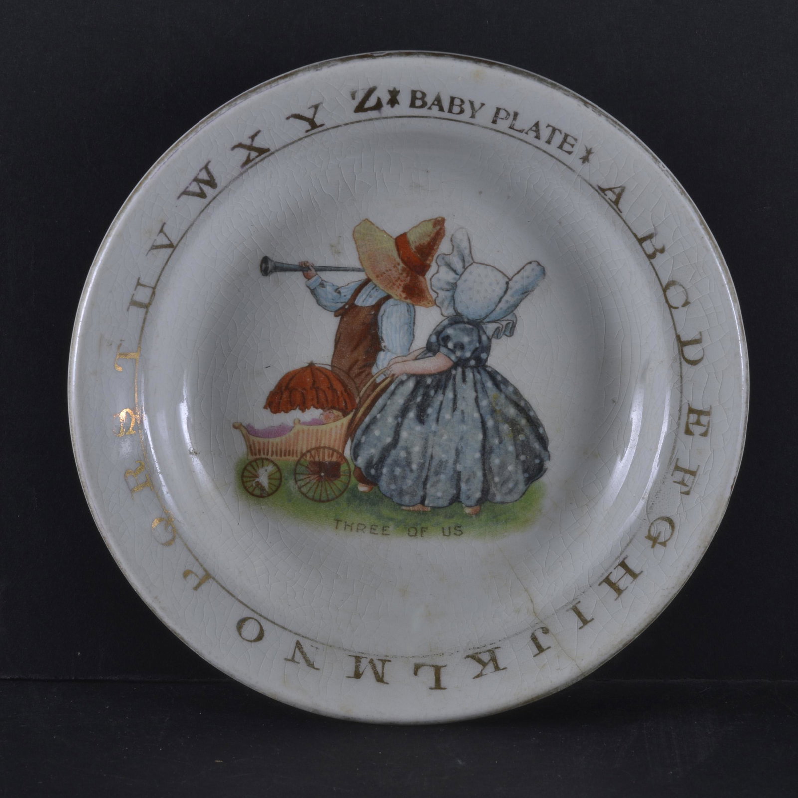 VINTAGE ABC BABY PLATE: VINTAGE ABC BABY PLATE THREE OF US HAIRLINE CRACK 6.5"