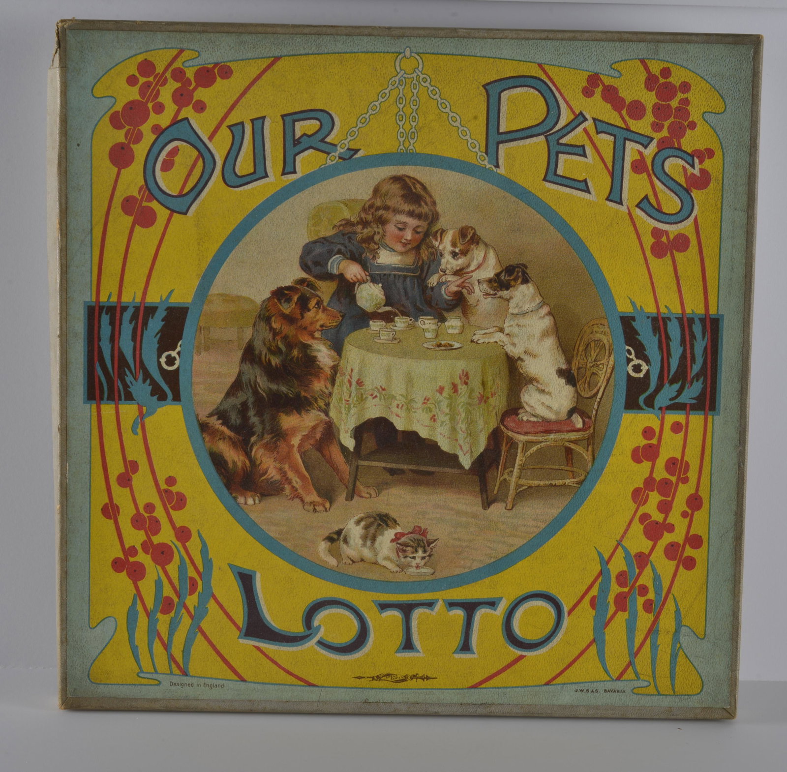VINTAGE OUR PETS LOTTO GAME: OUR PETS LOTTO GAME WITH WONDERFUL COLORING LITHOGRAPHS DESIGNED IN ENGLAND 11.5 X 11.5"