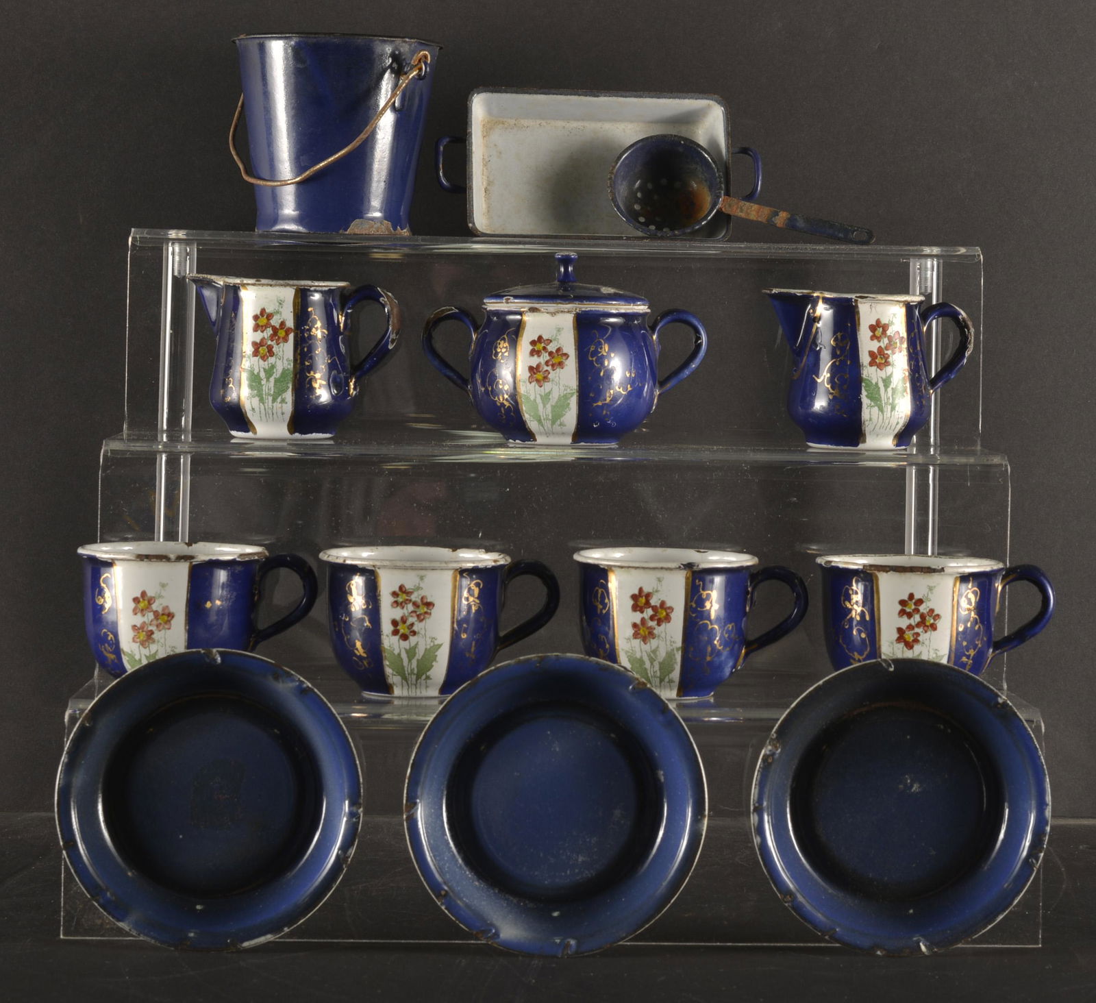 COLLECTION EUROPEAN CHILD'S ENAMELWARE BLUE TEA SET (14) PCS. (1 of 2)