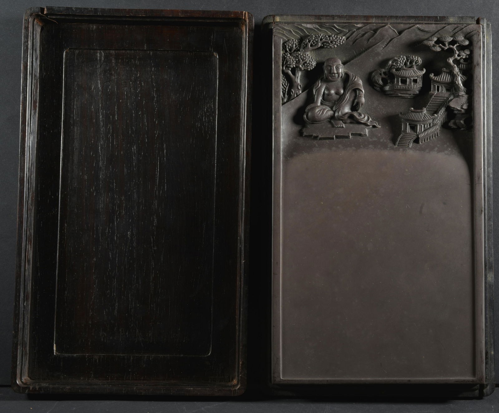 CHINESE BROWN INK STONE M 3639 IN WOODEN BOX: CHINESE BROWN INK STONE M 3639 IN WOODEN BOX 11" X 7" 2"