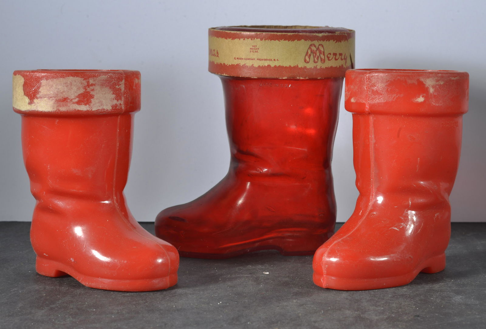 COLLECTION OF (3) PLASTIC SANTA CLAUS BOOTS CANDY CONTAINERS (1 of 1)