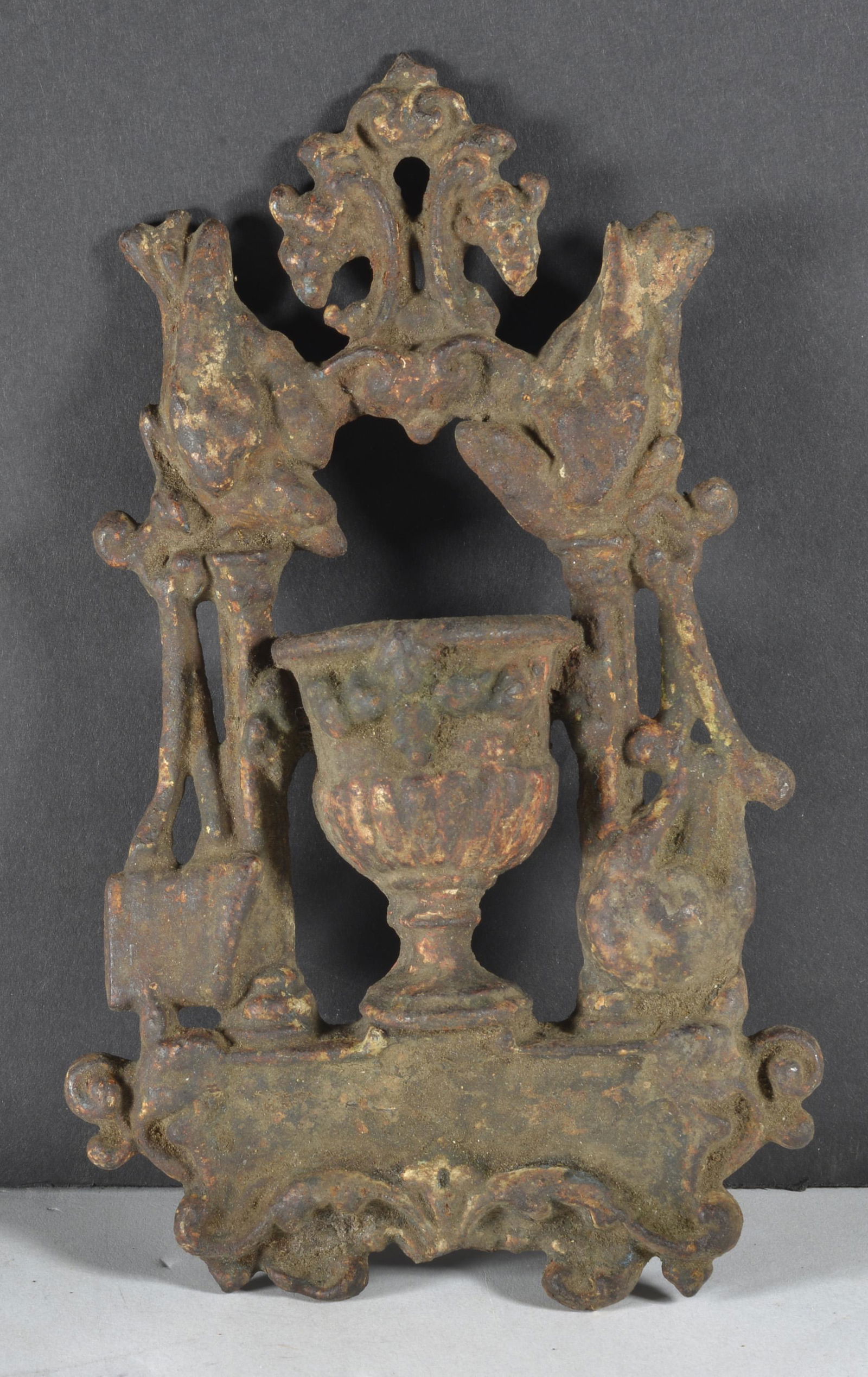 Cast Iron Match Holder: Cast Iron Match Holder depicting urn, flowed, birds, ect. 6"H