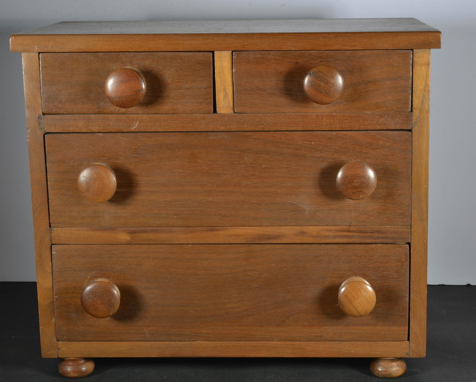 2 OVER 3 CHILD'S WALNUT CHEST WITH BUN FEET: VERY GOOD QAULITY AND SHAPE 10" H X 11.5" 6"D