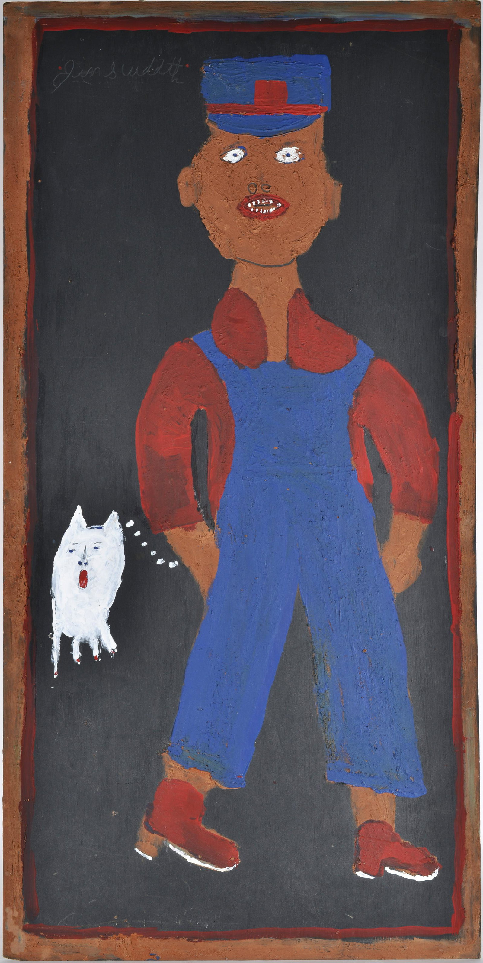 Jimmy Lee Sudduth: paint on panel board. Walking the dog. Signed upper left. 23.75" x 48"