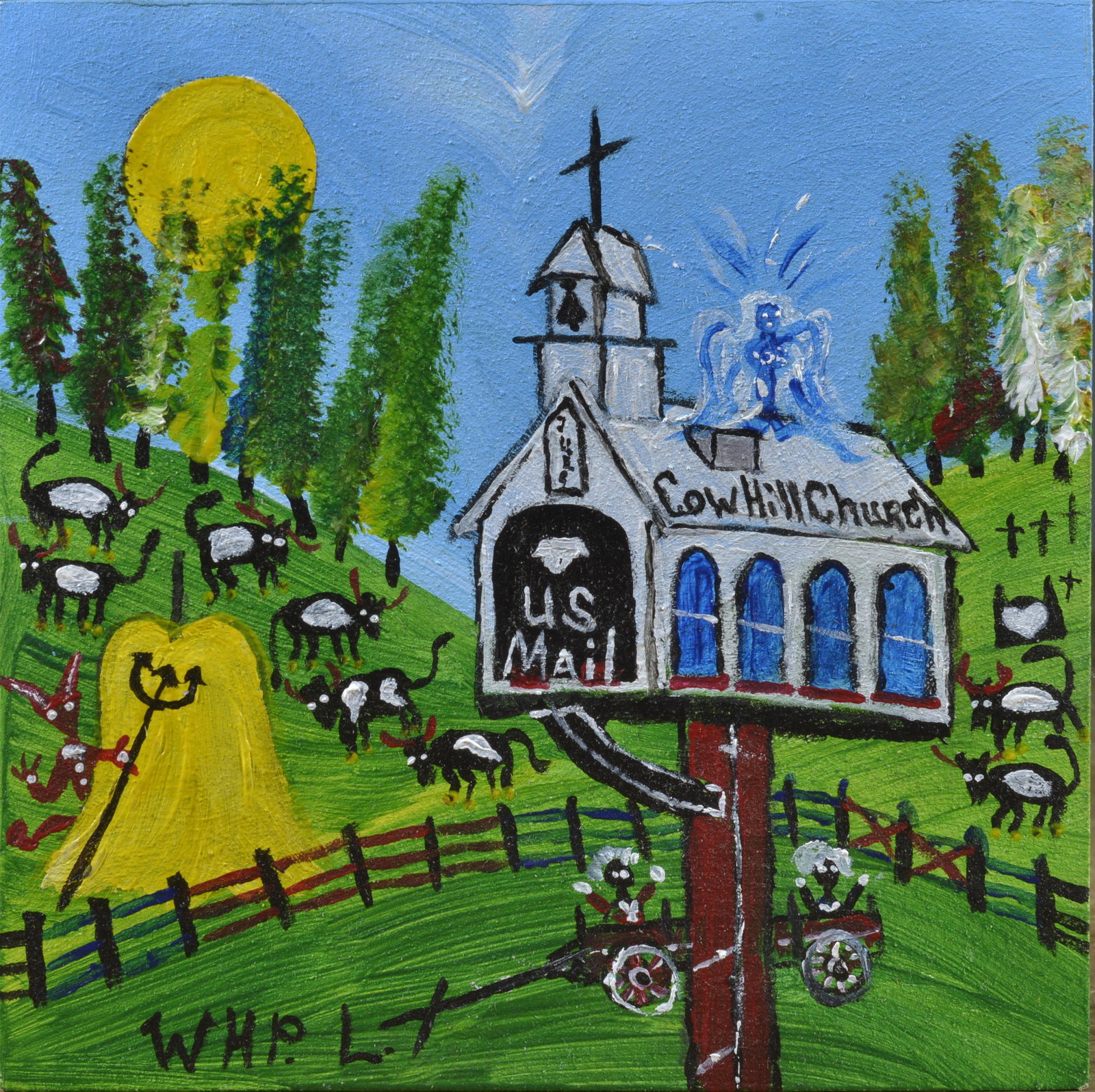 Wade Ledbetter Folk Art Painting: 5" x 5" Cow Hill Church small painting on wood.