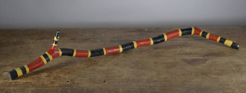 Tim Lewis Folk Art Cane: carved natural wood and paint, signed. 41"L