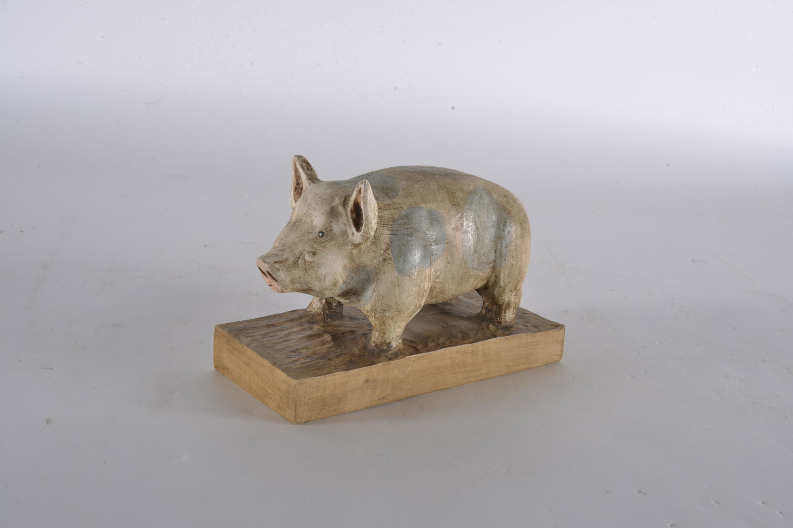 FOLK ART JAN P. MARKS WOODEN CARVED PIG: PAINTED ON WOOD , CUT OUT PIG 8" L X 5"H