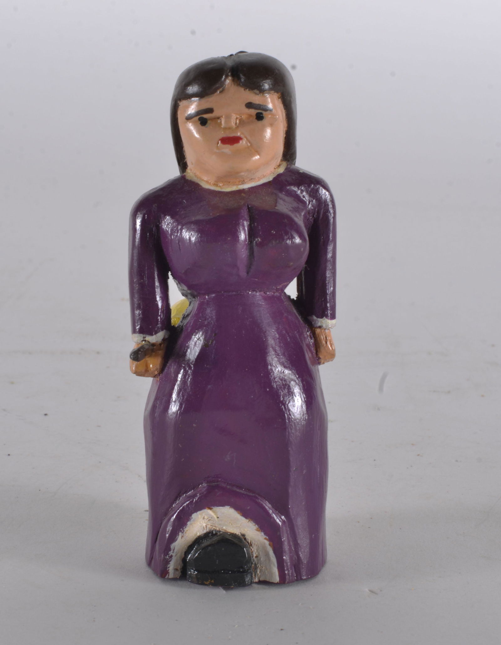 FOLK ART WOOD AND PAINTED WOMAN WITH BROOM: CARVED, PAINTED WOOD SIGNED AND DATED ON BOTTOM 1997 5"H