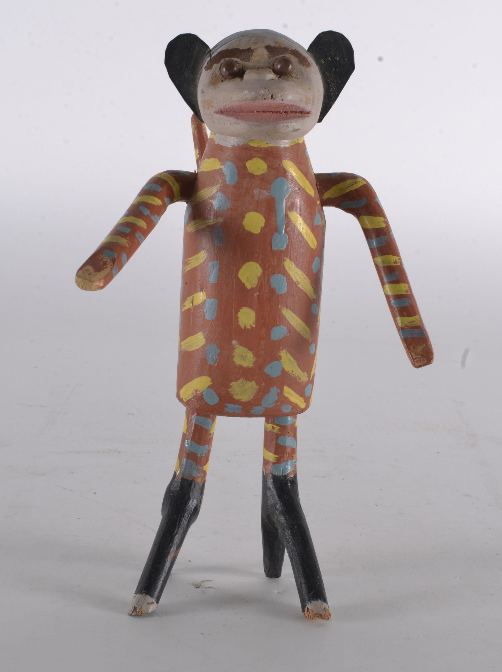 FOLK ART EDD LAMBDIN WOODEN AND CARVED PAINTED MONKEY: PAINTED, WOODEN CARVED SIGNED ON BACK 10"H