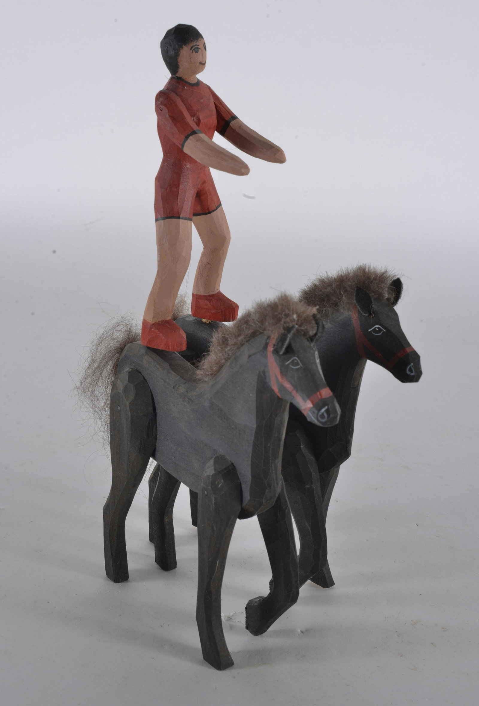FOLK ART WOOD CARVED & PAINTED CIRCUS RIDER: MAN ON CIRCUS HORSES 11" H