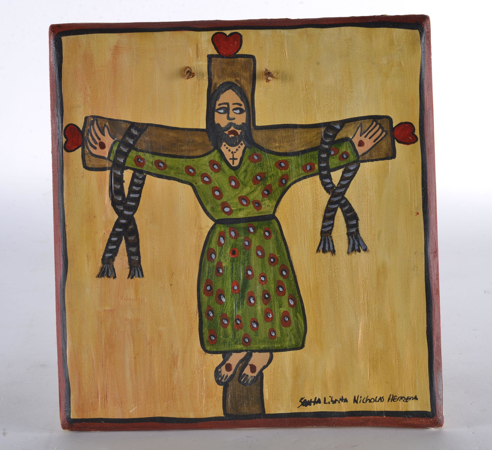 Nicholas Herrea Santa Liberatta: a bearded lady saint. New Mexico artist. FOLK ART PAINTED ON WOODEN SIGNED LOWER RIGHT. 11"H X 12"L. SEE PHOTOS.