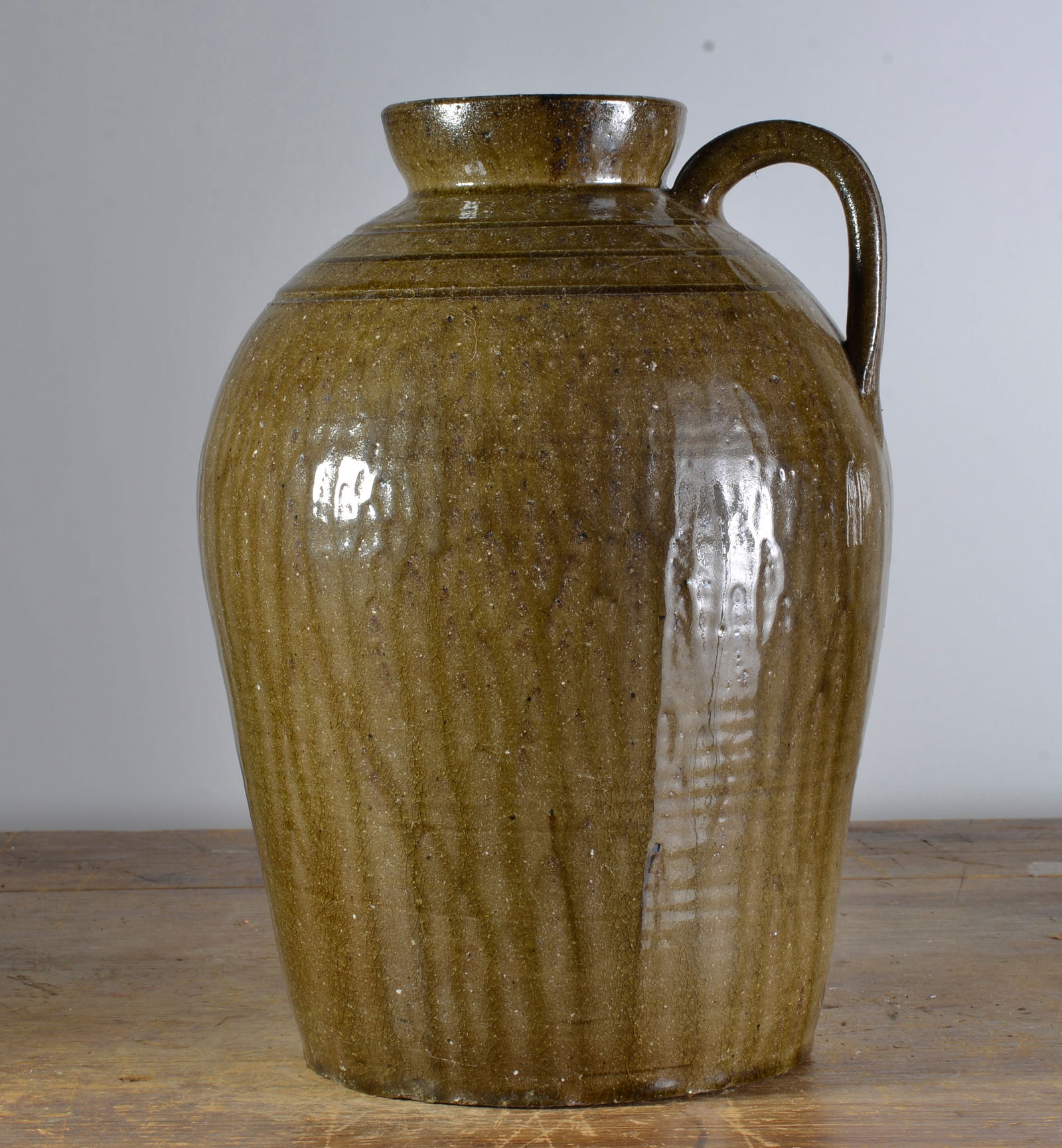 CHARLES LISK ONE HANDLE JUG: ALKALINE GLASS, SIGNED ON BOTTOM 17"H