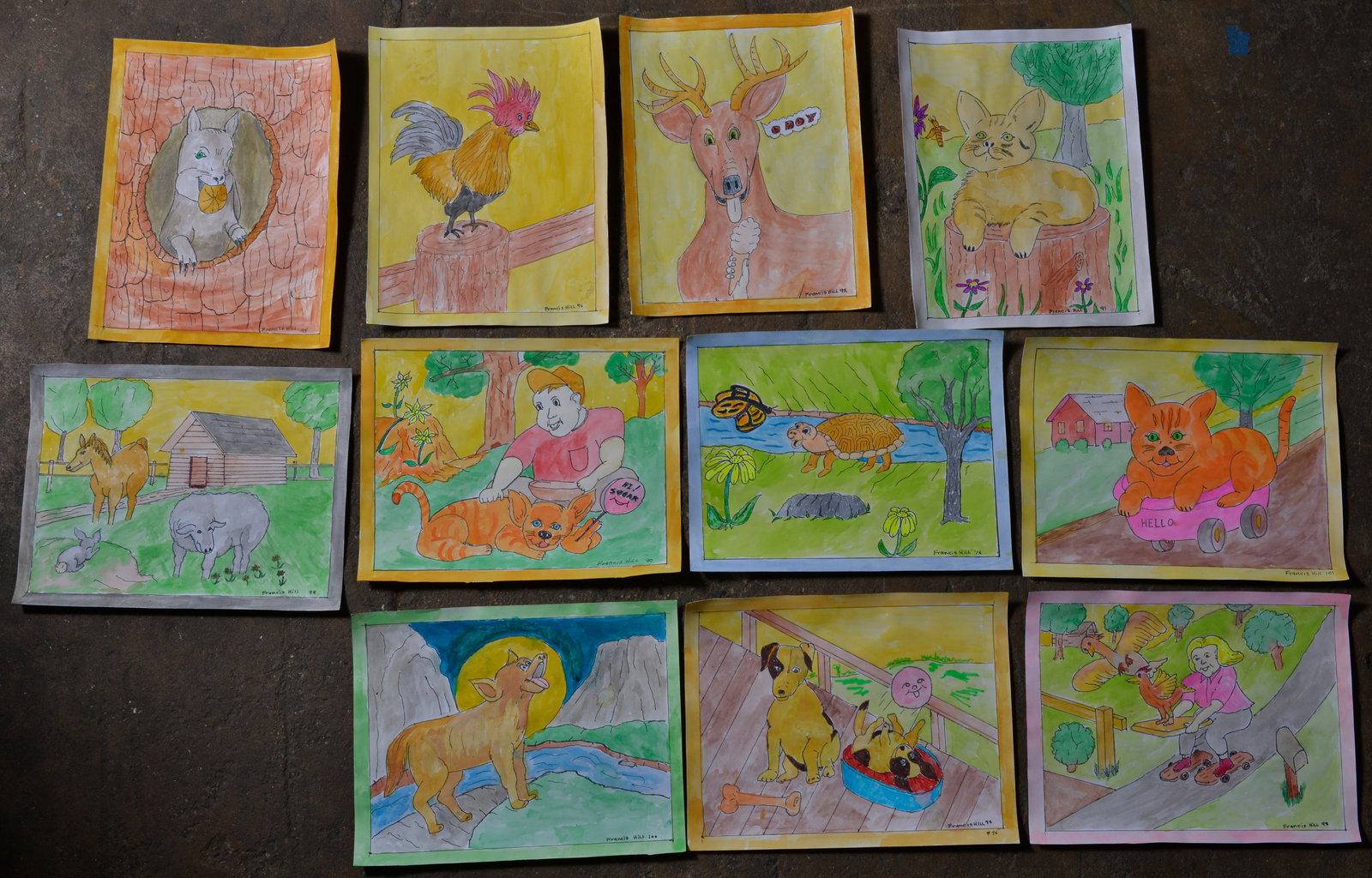 Collection of 11 Signed Francis Hill Watercolors: mixed media on paper. Francis is a Madison, NC artist who is 84 years old. 9.5"L x 12"H