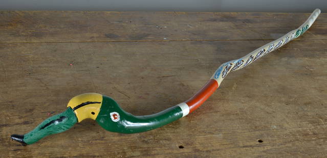 Tim Lewis Folk Art Cane: signed and dated 1989. carved and painted cane. 41"