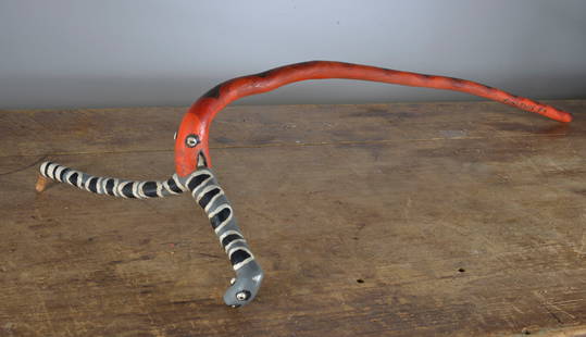 Tim Lewis Folk Art Cane: carved and painted wood, signed and dated 1989. length is 39" with the top width 16"