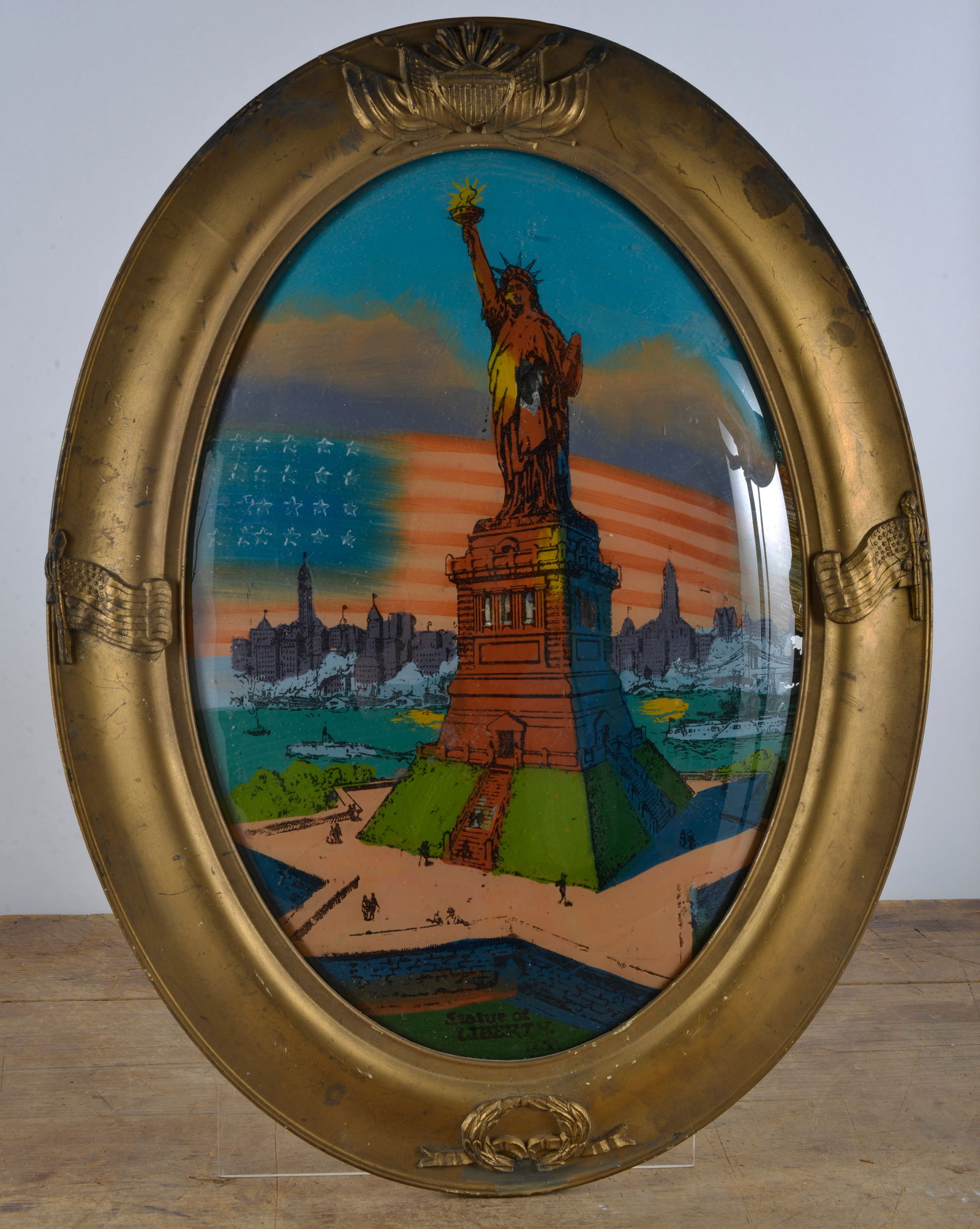 Reverse Painting on Glass Statue of Liberty: older painting from 1930 to 1960. original. Framed. From a collection of paintings found in Alabama at an estate sale.