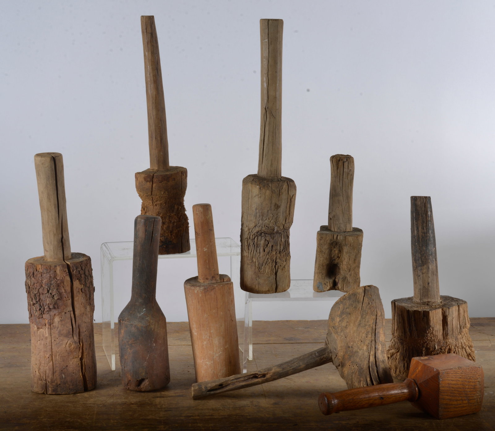 Collection of Antique Mallets: size varies, antique hand made. Tallest 22"