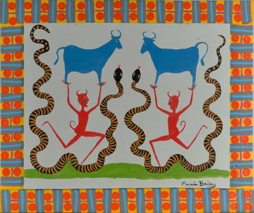 Marvin Bailey Folk Art Painting: 30x25x1 paint on wood board, frame made by artist. Signed - Marvin's folk paintings are fantastic and in our opinion these 3 offered this quarter are some of the best he has created.