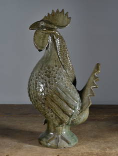 Clint Alderman Folk Pottery Rooster: 17x9x8 pottery rooster, signed at base.