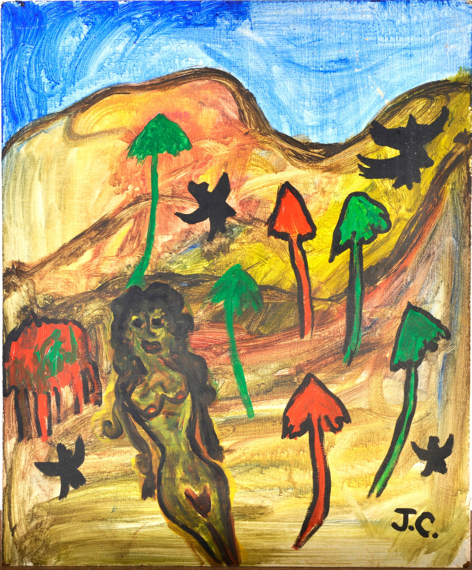JC Folk Art Painting: 24x29 paint on panel board, signed lower right.