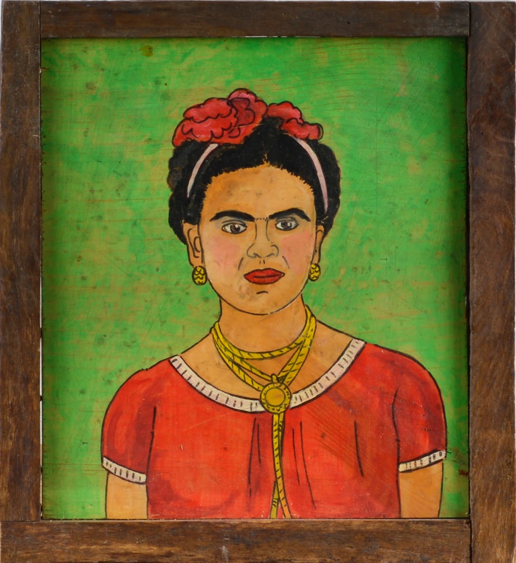 Micha Inch Gunner: painting of Frida Kohla, signed on back. 12x13x1 cut wood and paint, mounted in collage style to artist built frame.
