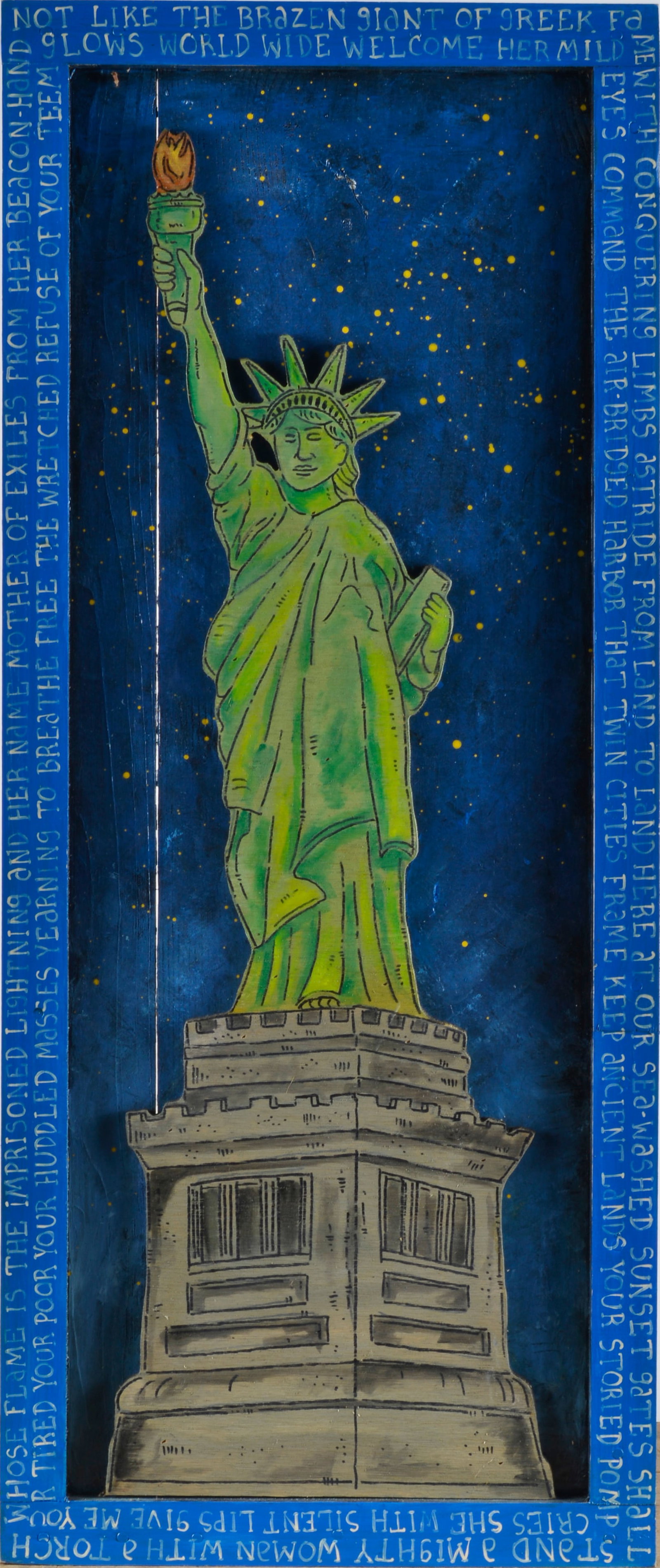 Eric Cunningham Folk Art Painting: 15x36x2 cut wood and paint, mounted in collage style to artist built frame. Consigned directly by the artist.