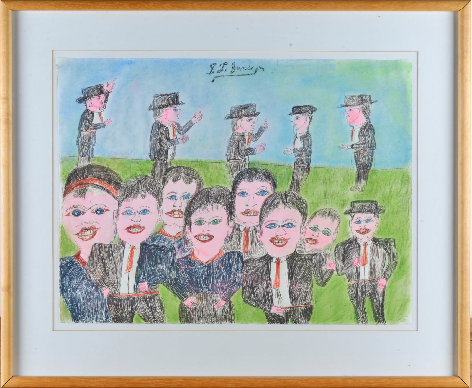 SL Jones (1901 - 1997): 23x18 pen and other media on paper. Framed. Signed