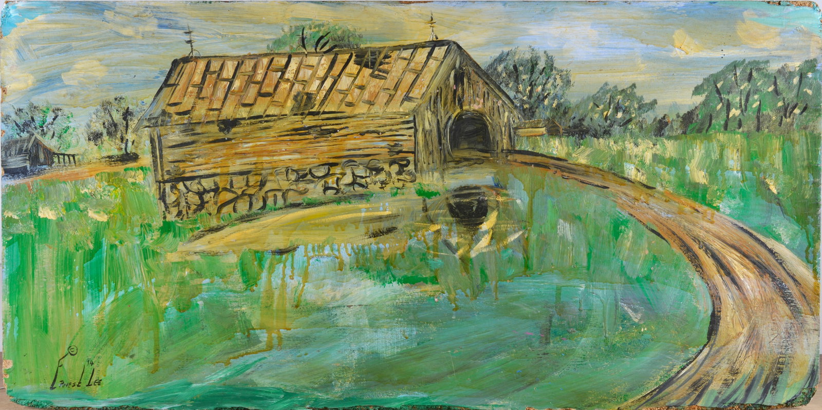 Ernest Lee Folk Art Painting: 48x24 paint on wood board, signed.
